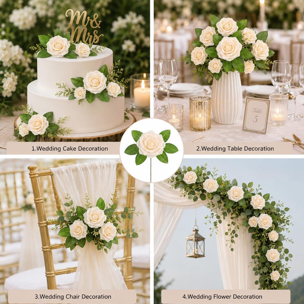 XIANNVXI 16Pcs Champagne Artificial Rose Foam Flowers