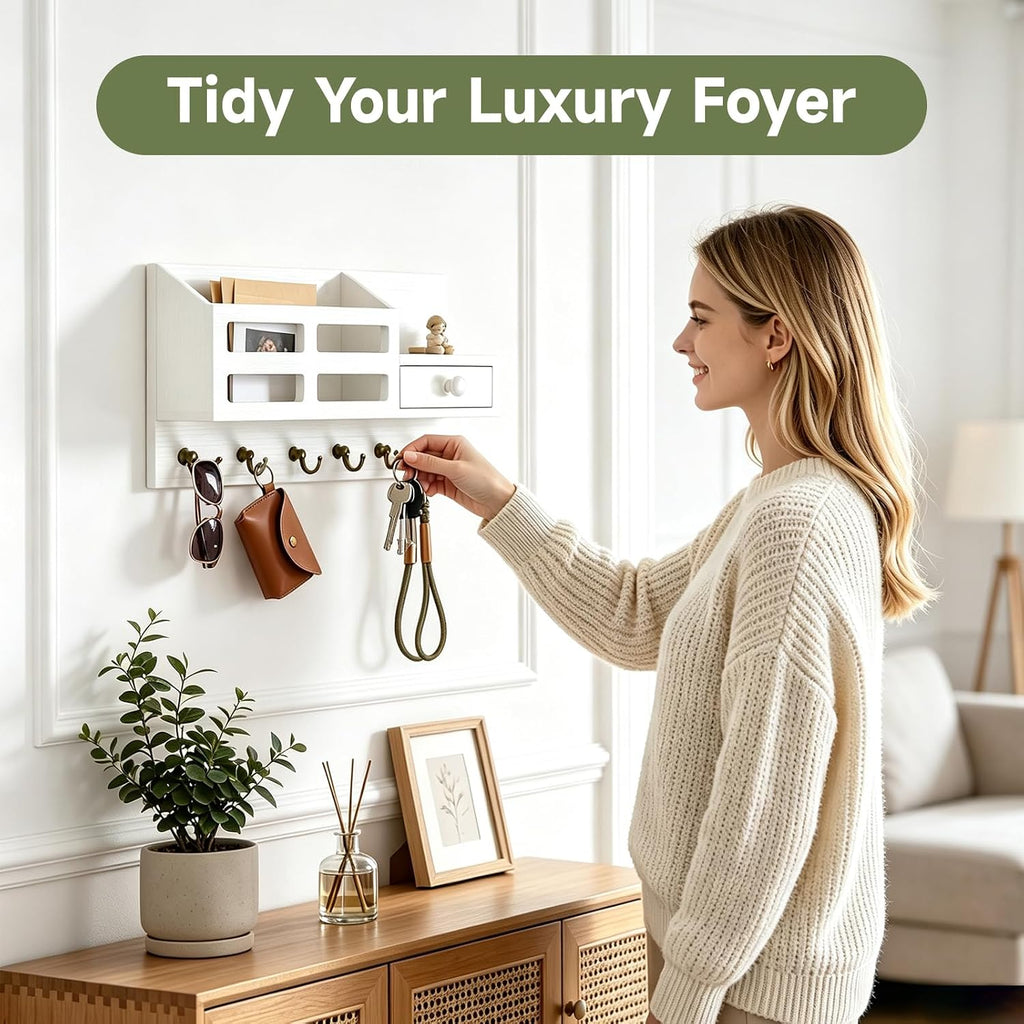 White Key and Mail Holder for Wall with 6 Hooks and Storage Drawer Drawer & Mail Storage Compartment, 2 Installation Options, Space‑Saving for Entryway, Hallway & Mudroom