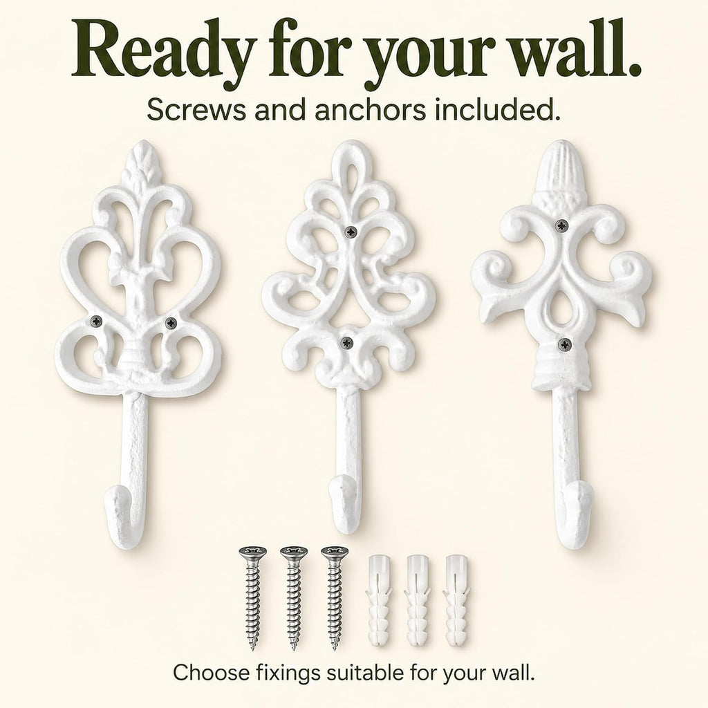 Comfify Pure White Cast Iron Wall Hooks Set of 3 – Farmhouse Coat Hooks