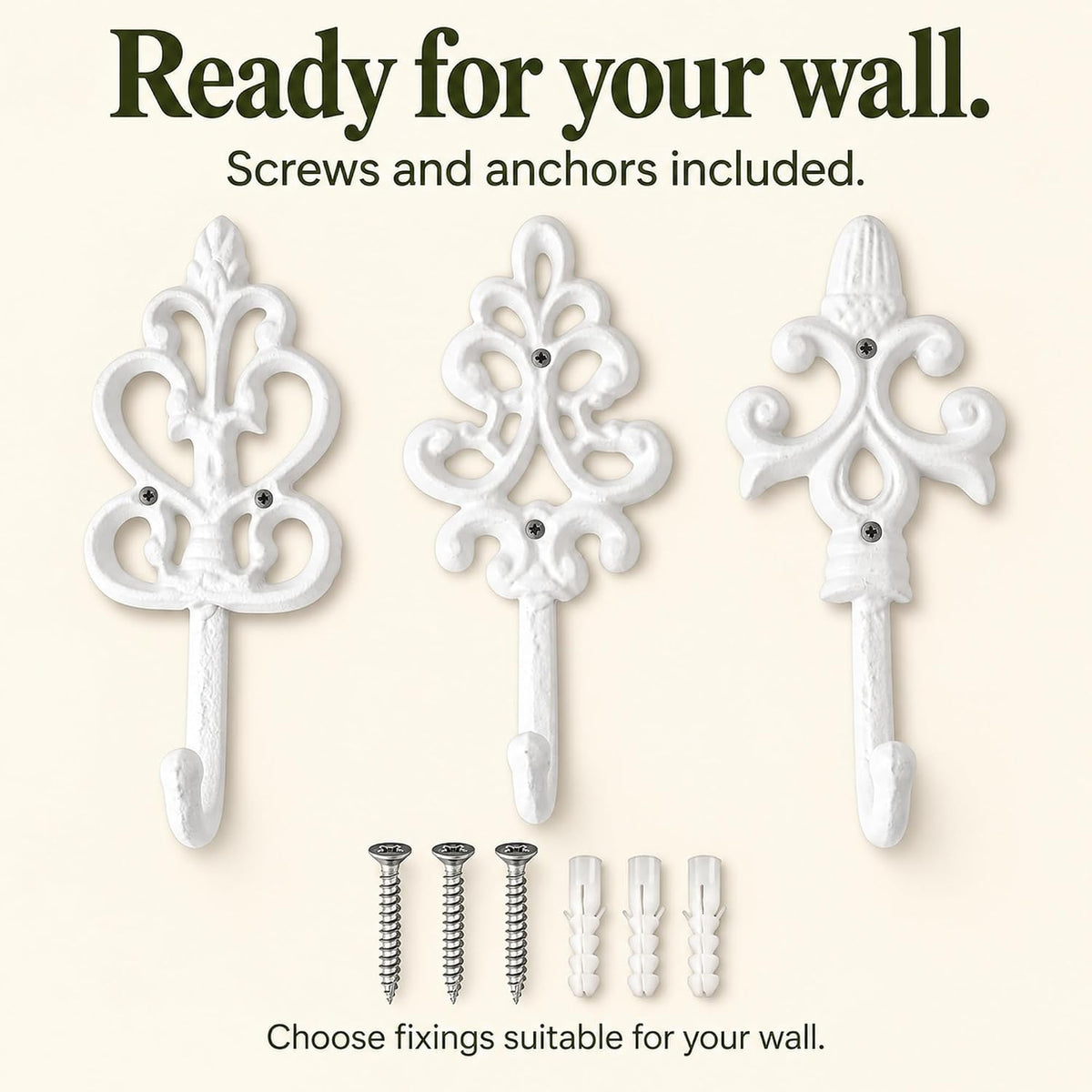 Comfify Pure White Cast Iron Wall Hooks Set of 3 – Farmhouse Coat Hooks