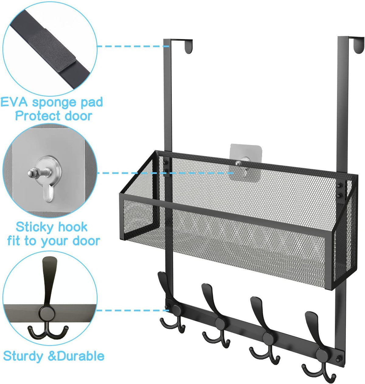 Kaiferty Over The Door Hooks Organizer, Coat Rack Over The Door Storage Hanger Towel Rack, Back of Door Storage Organizer for Bathroom,Bedroom,Kitchen,Office (Black, 2-Tier)