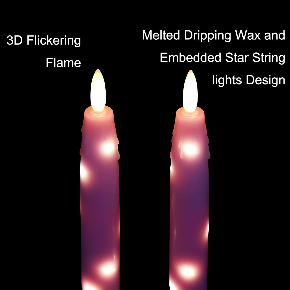 Flameless Flickering Taper Candles Battery Operated with Embedded String Lights, wtih Timer and Remote, LED Real Wax Tapered Dinner Candle Set of 2 (Pink)