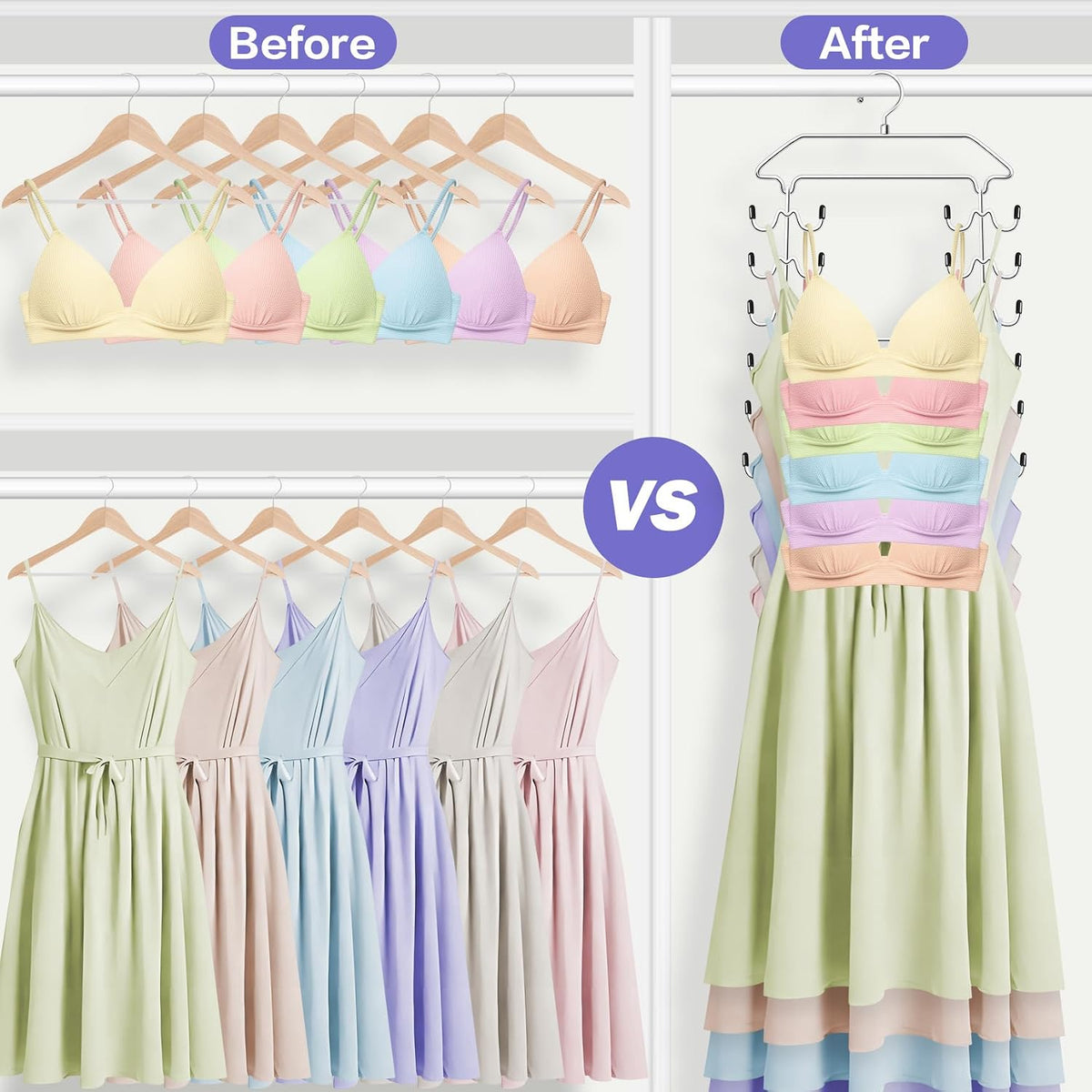 Closet Organizers and Storage 2 Pack,Tank Top Hanger 6 Tier Double Space Saving Bra Hangers,Apartment Dorm Room Essentials for Girls,Non-Slip Hanging Closet Organizer Small Space Solution Organization