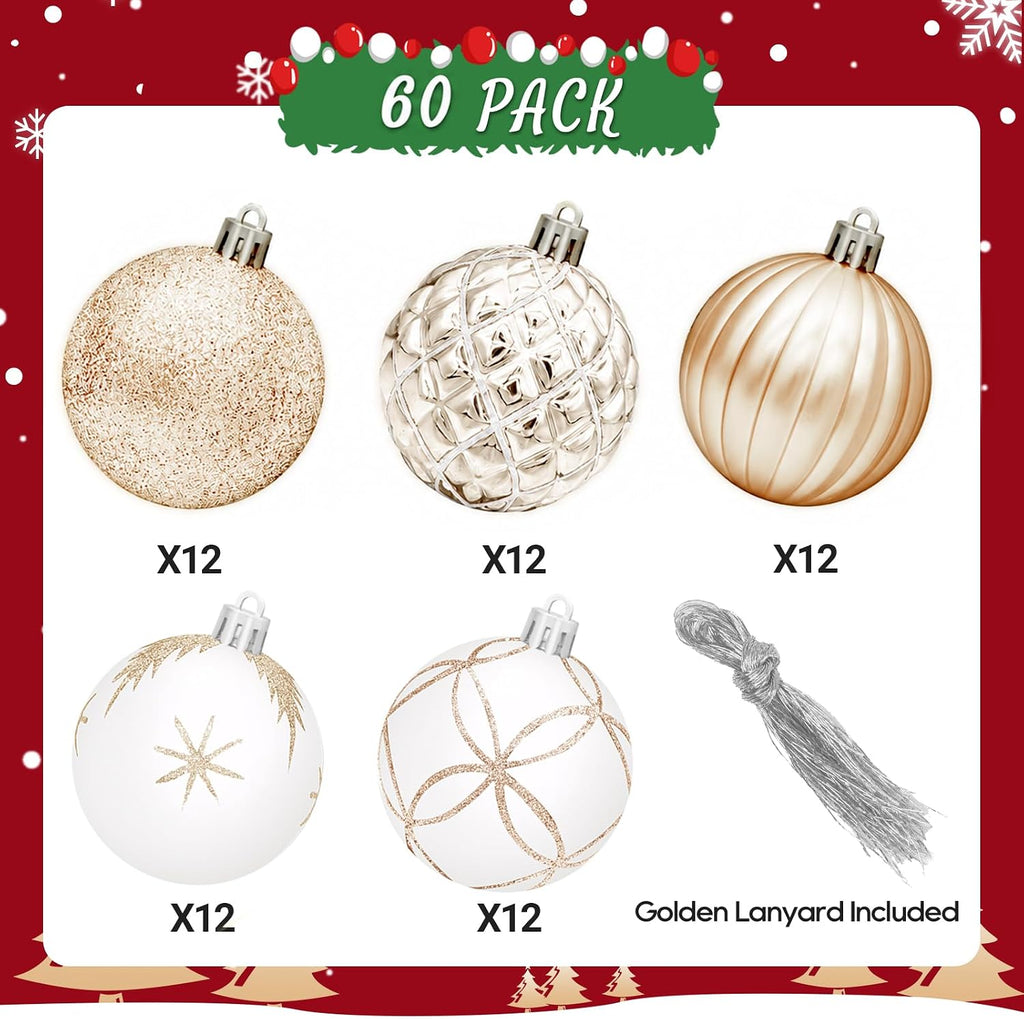 2.5 Inch Christmas Ball Ornaments, 60-Piece Set, Champagne & White