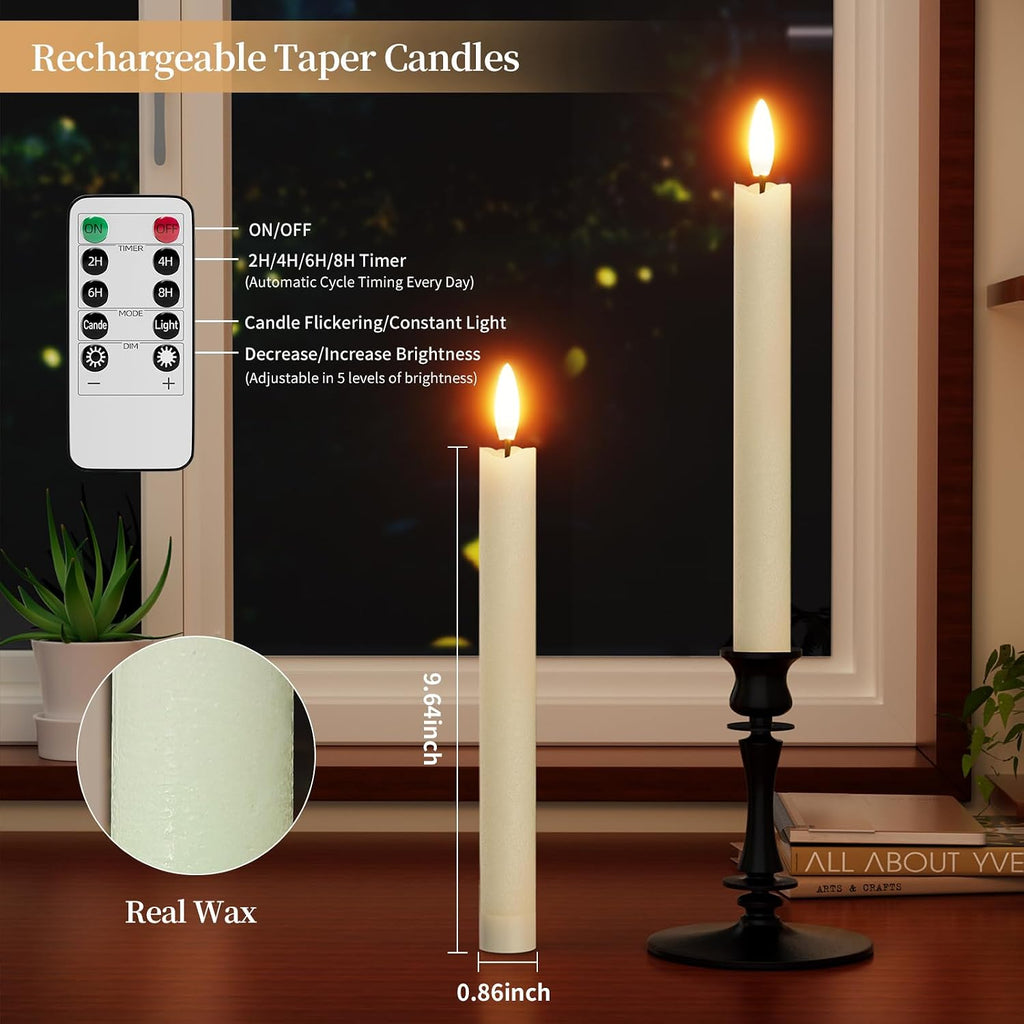 Rechargeable Flameless Taper Candles with Remote Real Wax Ivory 2Pcs