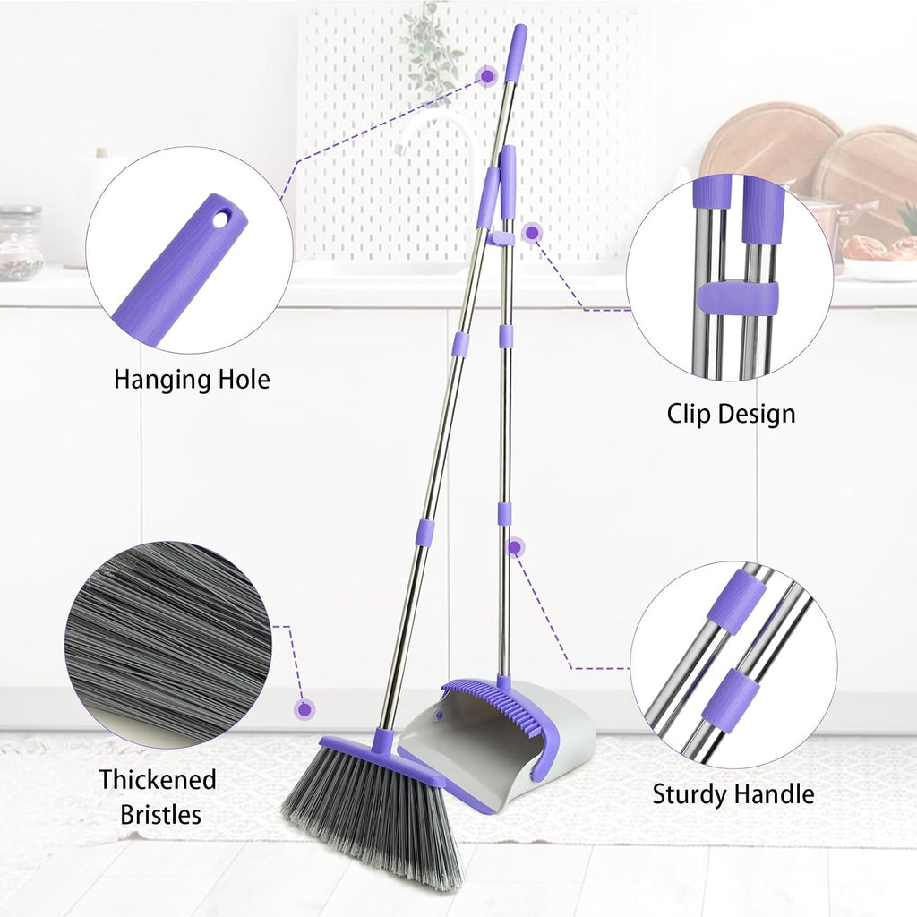 Broom and Dustpan Set with 51" Adjustable Long Handle-Gray Purple