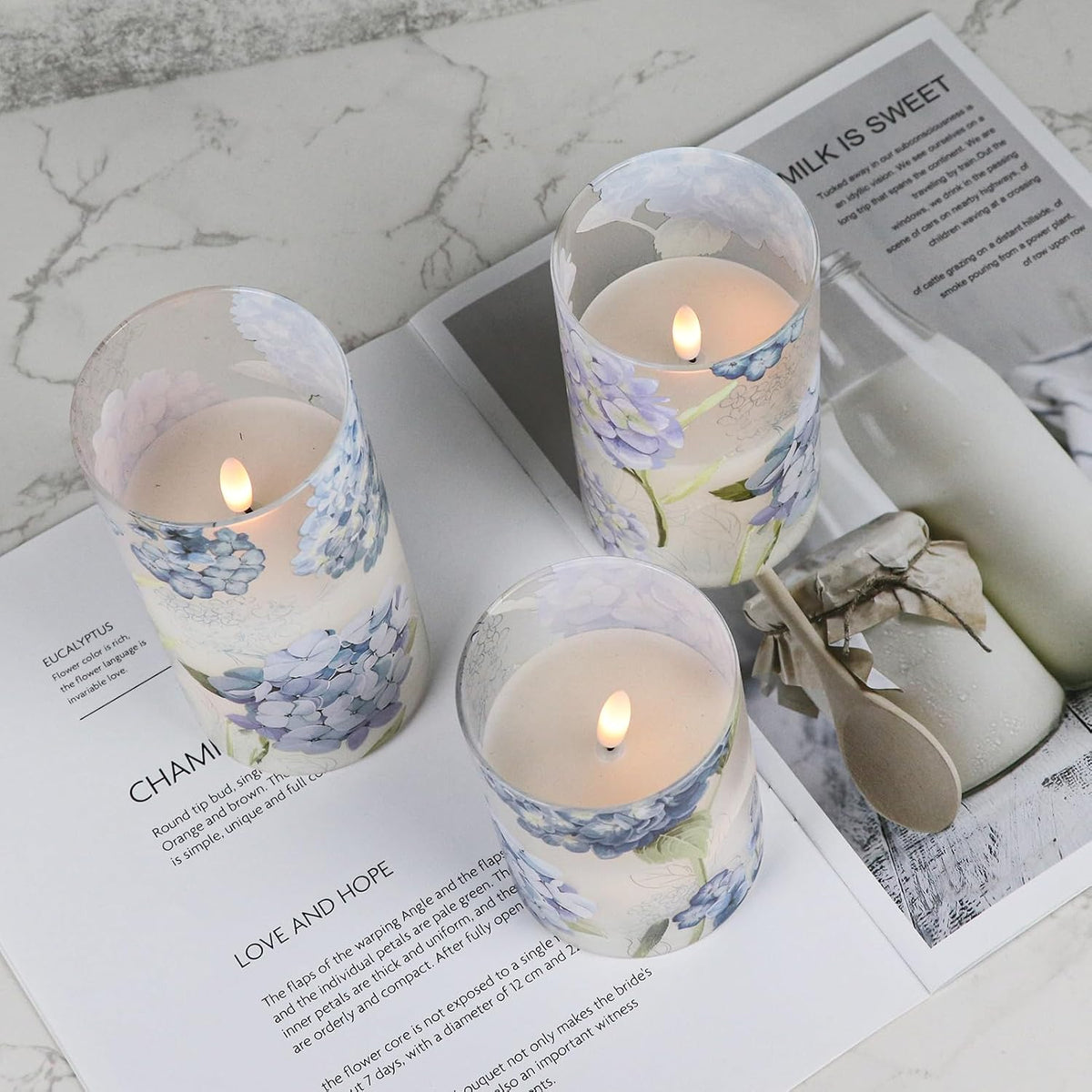 Hydrangea Glass Flameless Candles Batttery Operated Remote Timer