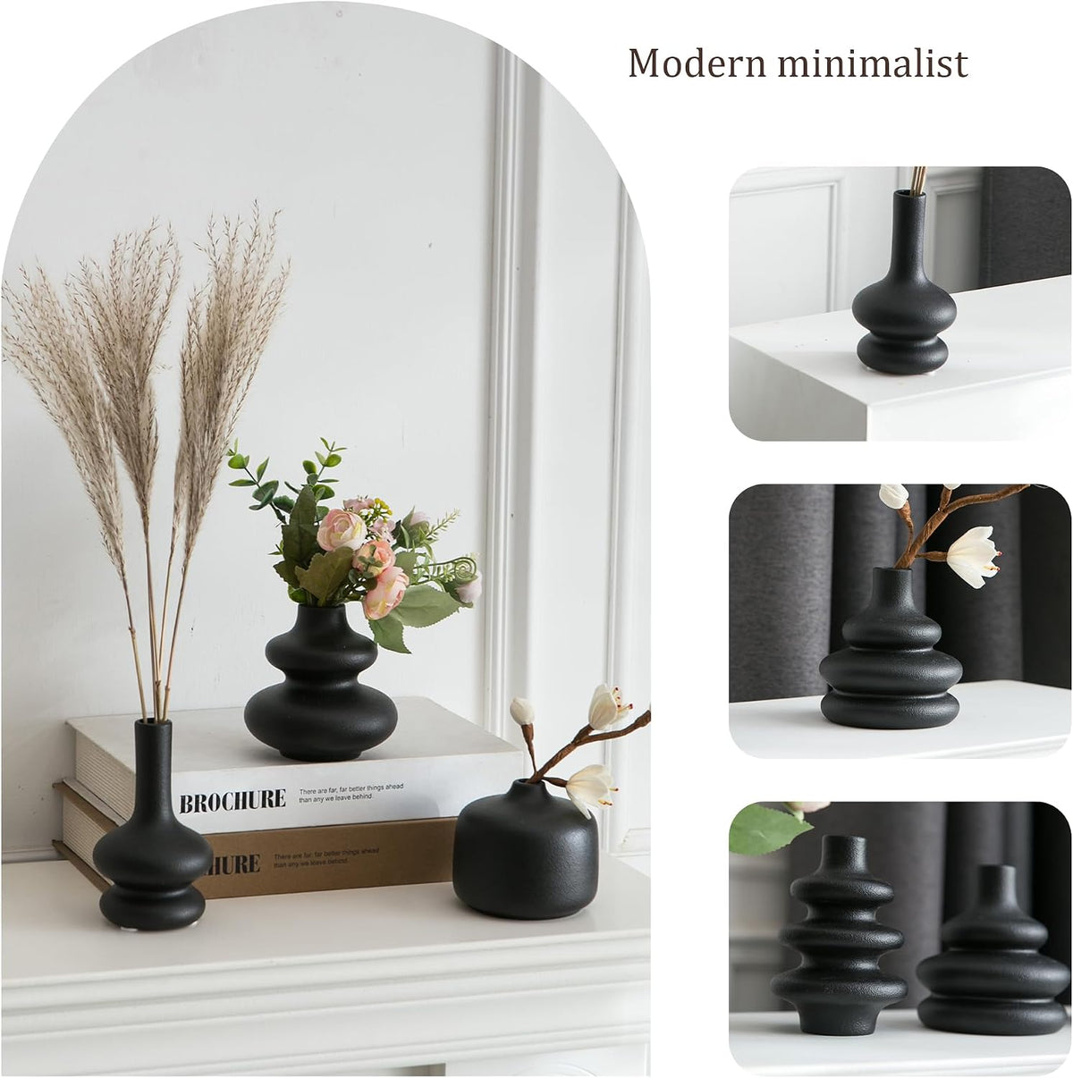 JOJUNO Black Bud Vases, Small Ceramic Vase Set of 5 Modern Home Decor