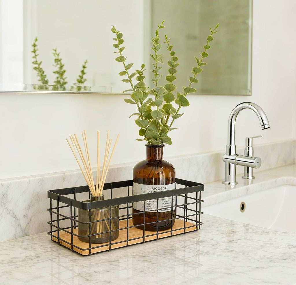 ShabbyDecor Farmhouse Metal Wire Basket with Detachable Wood Base,Small