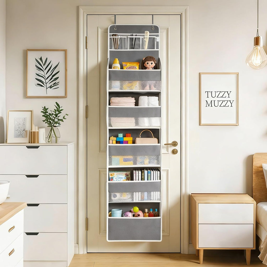 Over the Door Organizer, Door Storage Organizer with Large Capacity Pockets, Hanging Shelves for Bedroom, Closet, Dorm, Pantry (Grey, 6-Tier)
