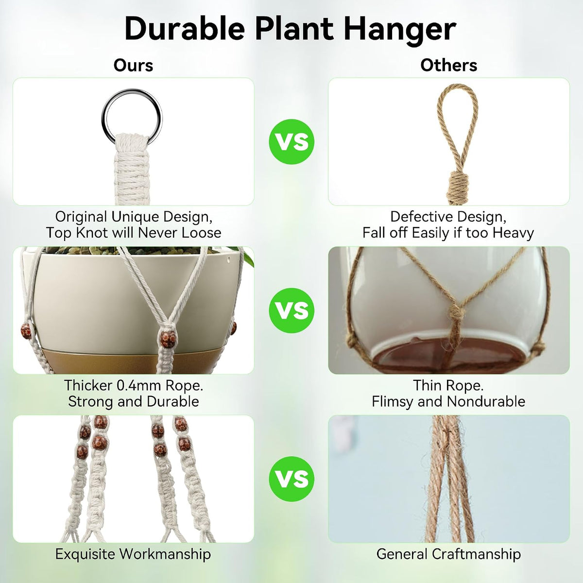 USLAI Macrame Plant Hanger, Fits 4 to 15 Inch Pots, 35 Inch, White, 2 Pack