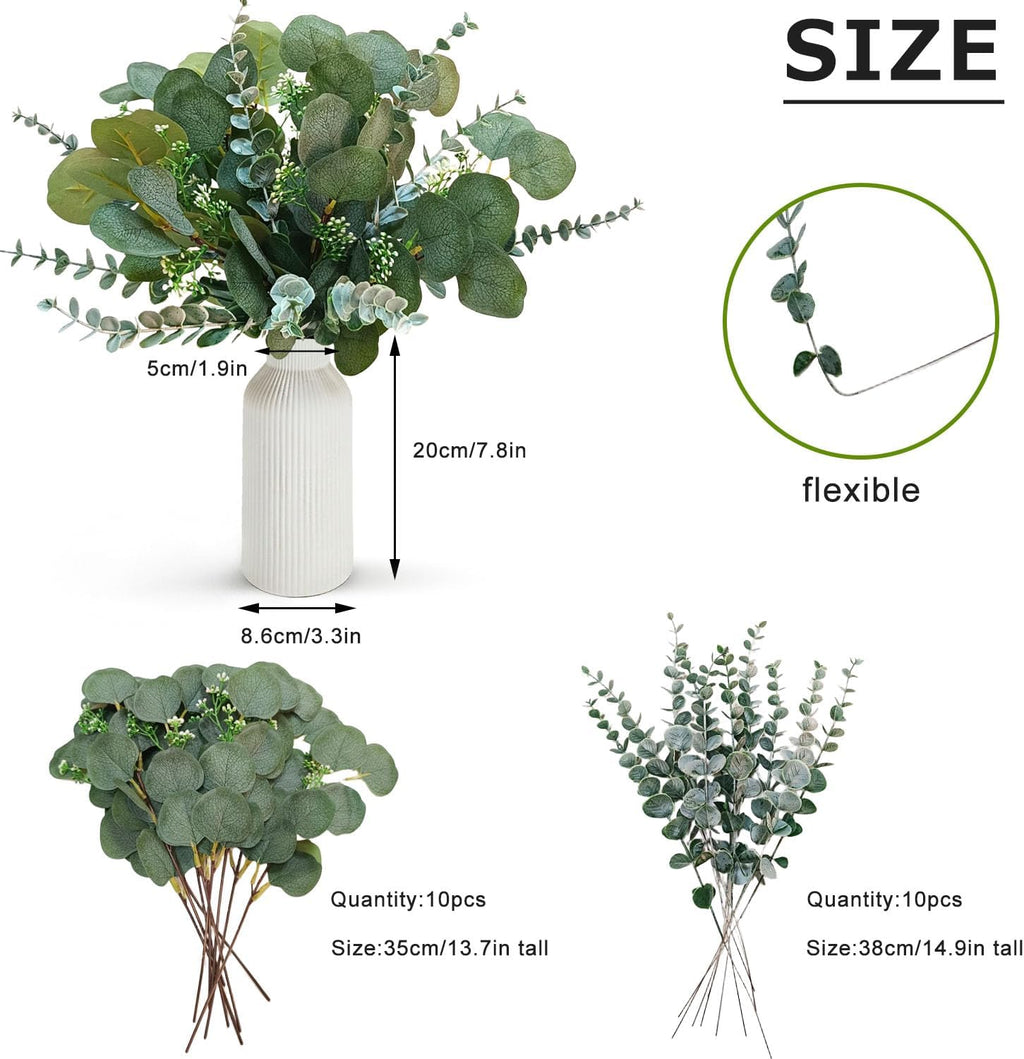 Eucalyptus Vase, 20pcs Artificial Eucalyptus Stems in White Vase, Eucalyptus Plant for Home Decor, Fake Plants for Farmhouse Table Centerpiece, Home Office Kitchen Bathroom Decor