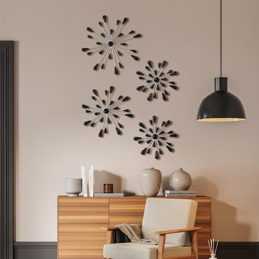 Hicarer 4 Pcs Starburst Wall Decor, Bling Metal Wall Art, Black Diamond