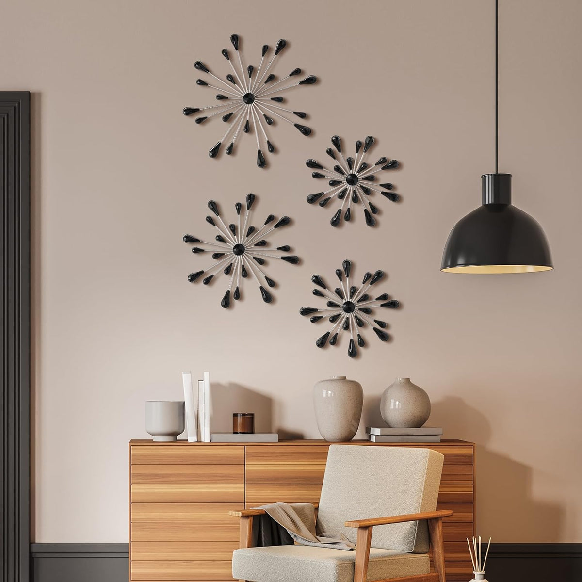 Hicarer 4 Pcs Starburst Wall Decor, Bling Metal Wall Art, Black Diamond