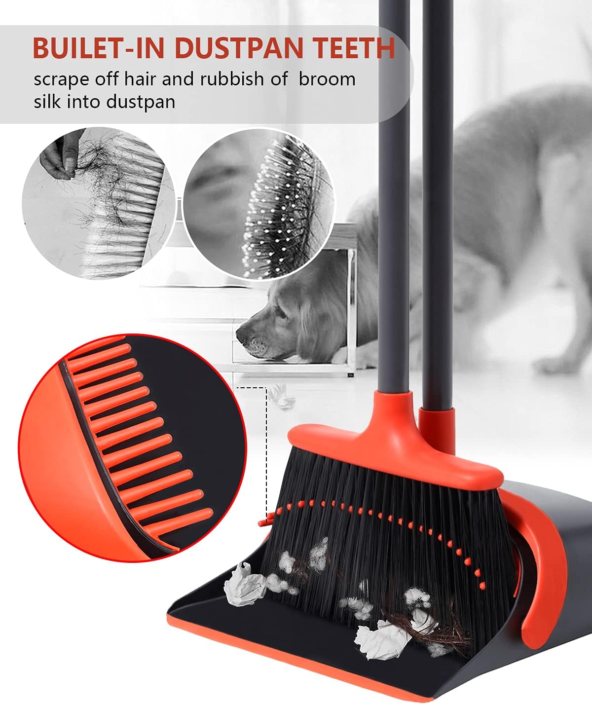 Broom with Dustpan Combo Set, Standing Broom and Dustpan Set Long Handle