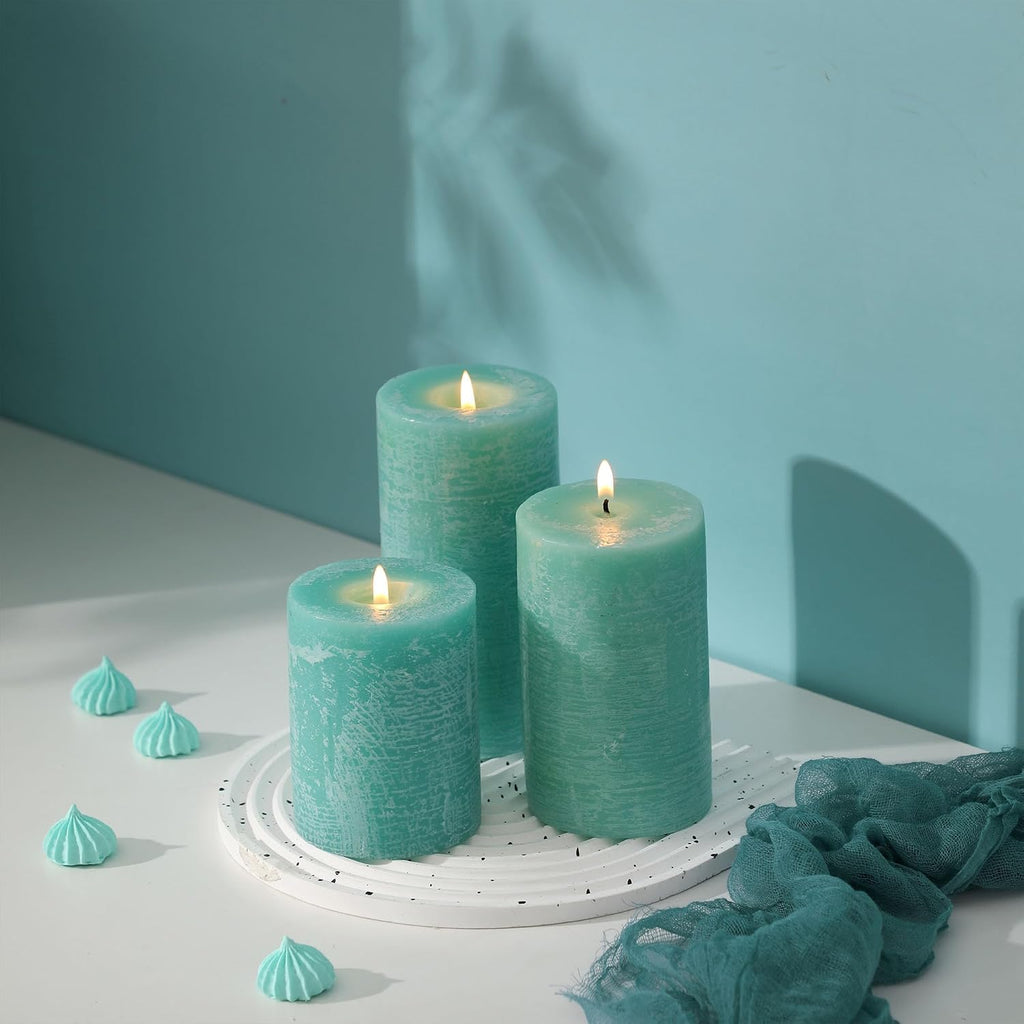 Turquoise Pillar Candles Set of 3 - Hand-Poured Unscented Candles,Smokeless Dripless Candles for Dinner Table and Home, Set of 3 in Different Sizes (3"x4", 3"x5", 3"x6")