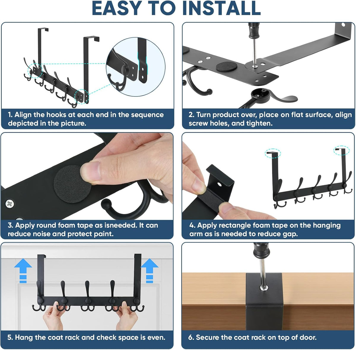 TICONN Over The Door Hooks, 5 Heavy Duty Tri Coat Rack All Metal Coat Hanger for Bathroom Bedroom Dorm (Matte Black, 1PK, Fit 1-3/8" Doors)