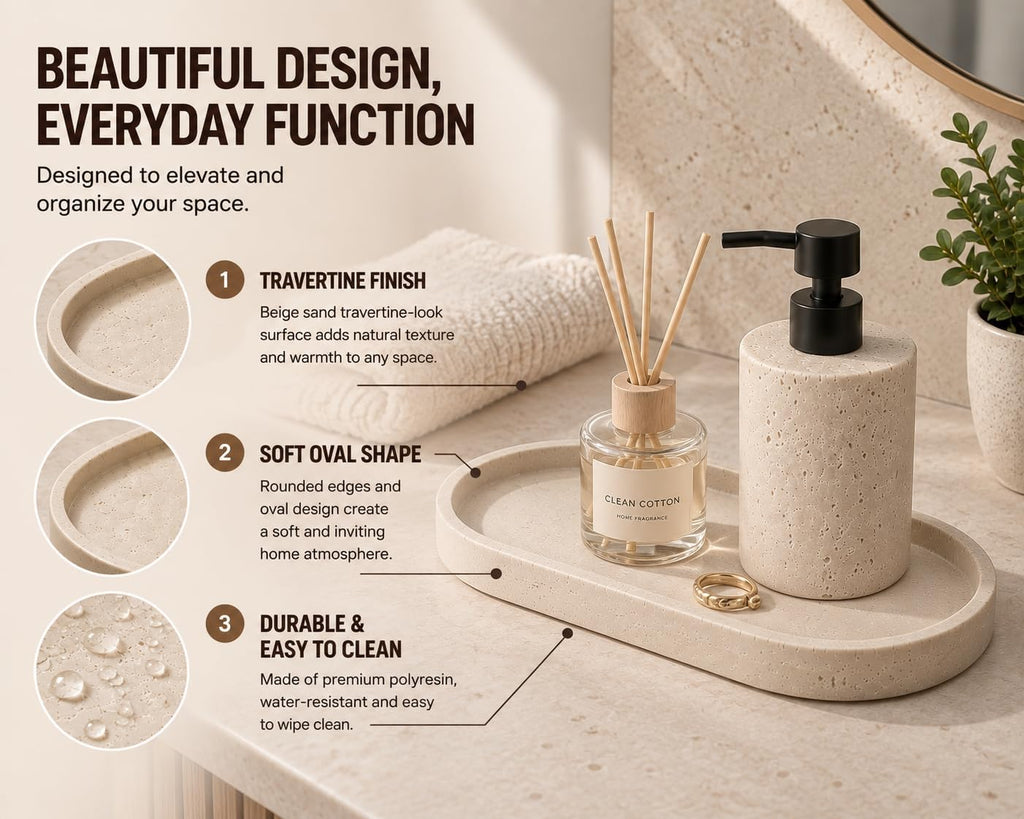 Clasin Home Vanity Tray for Bathroom Counter, Travertine-Look Decorative Tray for Perfume Jewelry Candle, Non-Slip Decor Organizer for Kitchen Countertop, Dresser, Coffee Table (11 x 4.9 Inch)