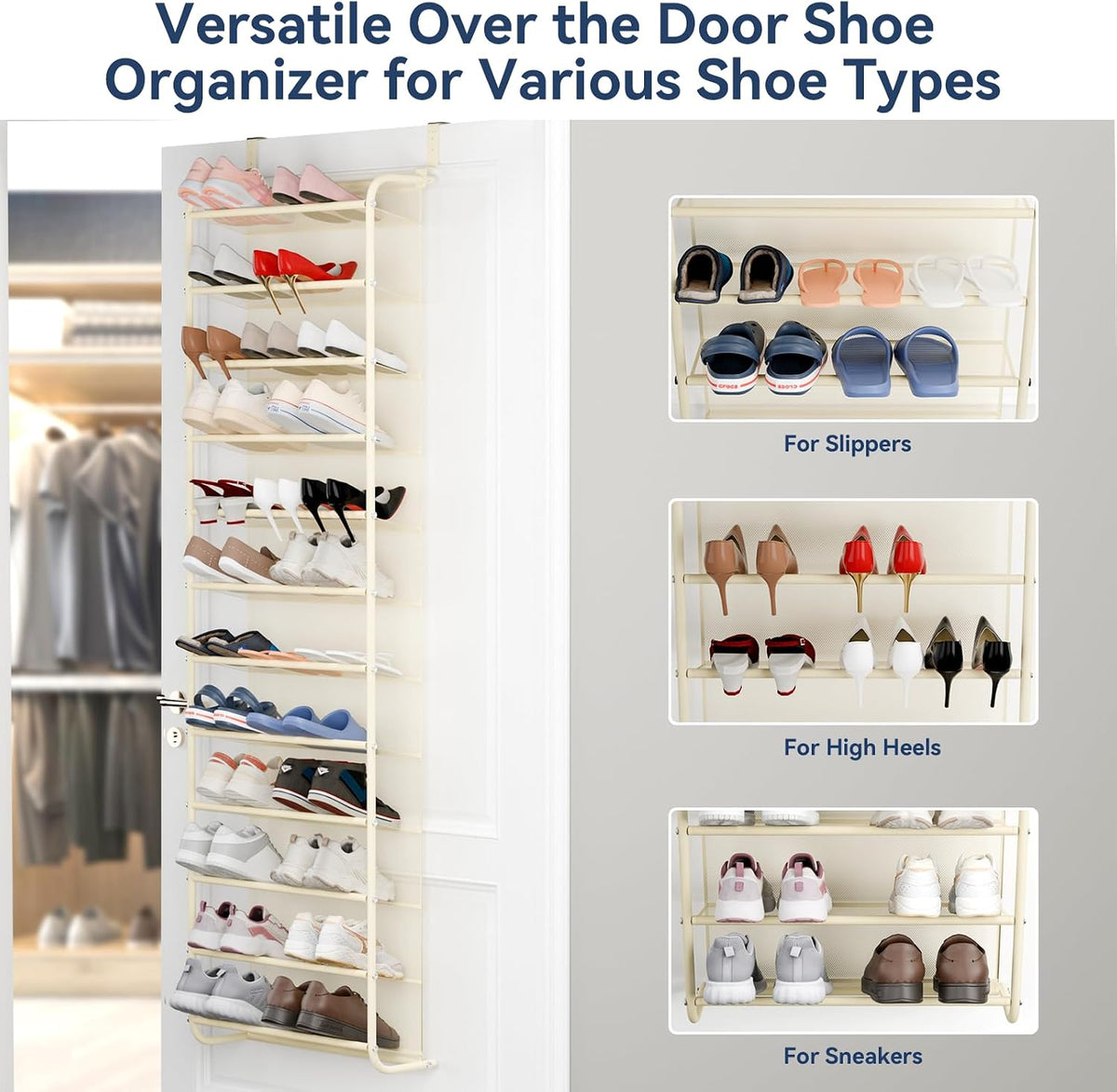 Whitmor 36 Pair Over the Door Shoe Rack,12 Tier Hanging Shoe Organizer with Metal Frame & Mesh Shelves, Heavy Duty Shoe Storage Holder for Door, No Drill Installation, 74" H x 21.7" W x 7.5" D, Beige