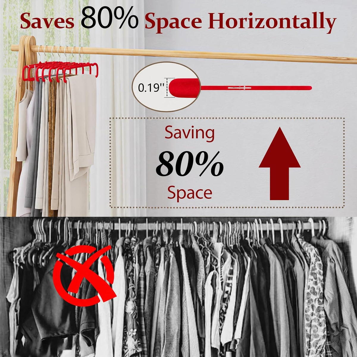 Velvet Felt Pants Hangers 30 Pack, with Cascading Hooks (Red)