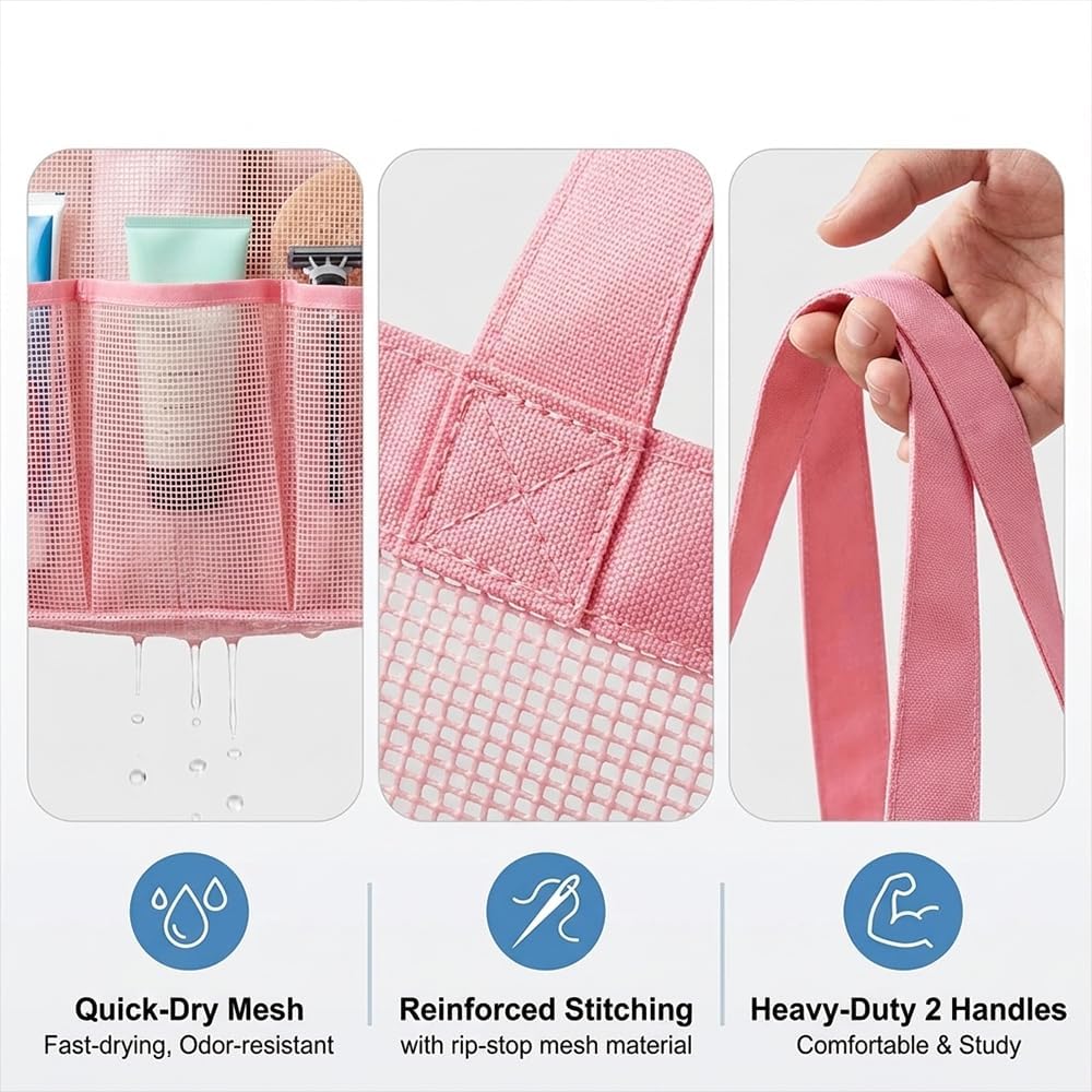 Mesh Shower Caddy Portable for College Dorm Room Essentials, Large Foldable Camp Travel Shower Bag with 9 Pockets, Quick Dry Bathroom Toiletry Tote Bag for Beach Swimming Gym Women Girl (Pink)