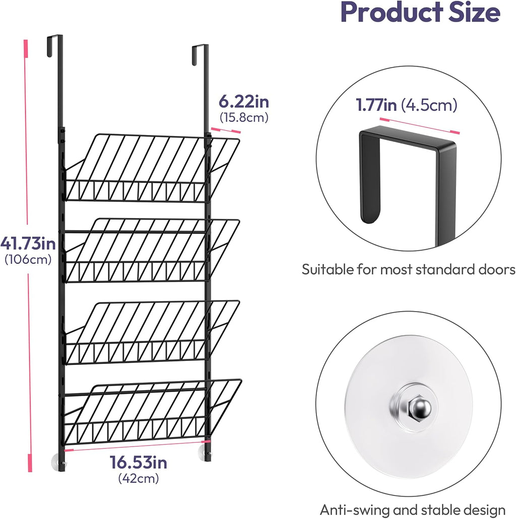 SWTYMIKI Over the Door Shoe Organizer - Adjustable 4 Tier Hanging Shoe Rack Organizer, Metal Heavy Duty Behind Door Storage or Wall Mount Shoes Shelf for Flats, Heels, Sneakers, Boots Black