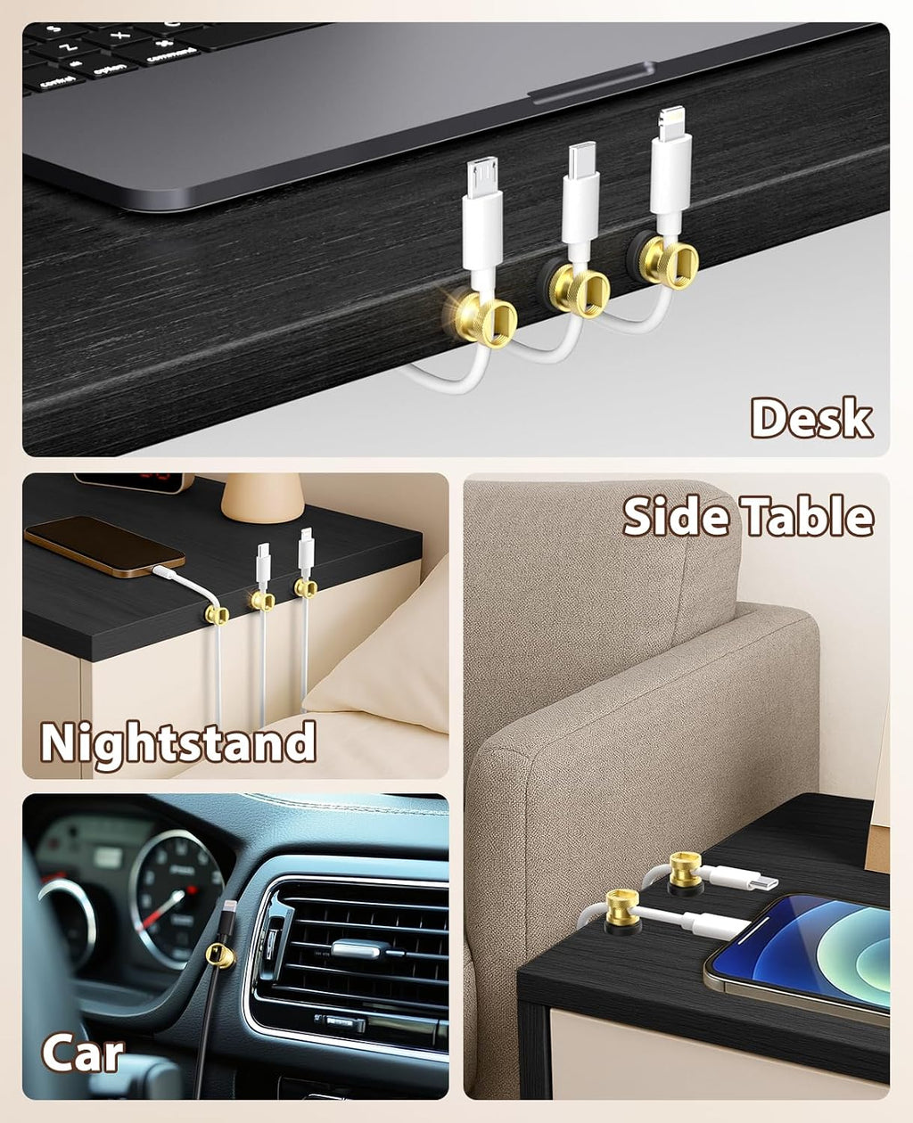 Viaky Magnetic Cord Holder,3 PCS Gold Metal Wire Organizer