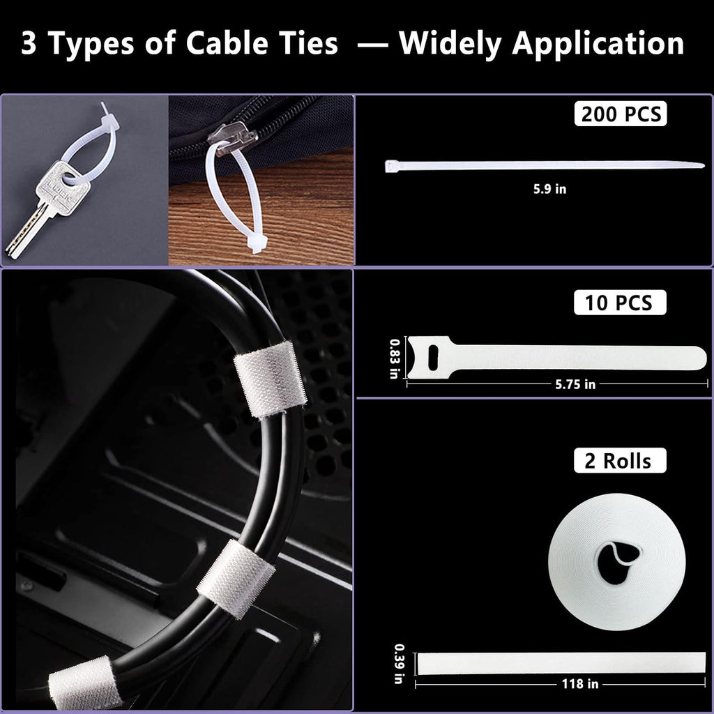 White Cable Management Organizer Kit 4 Cable Sleeve Split 311Pcs