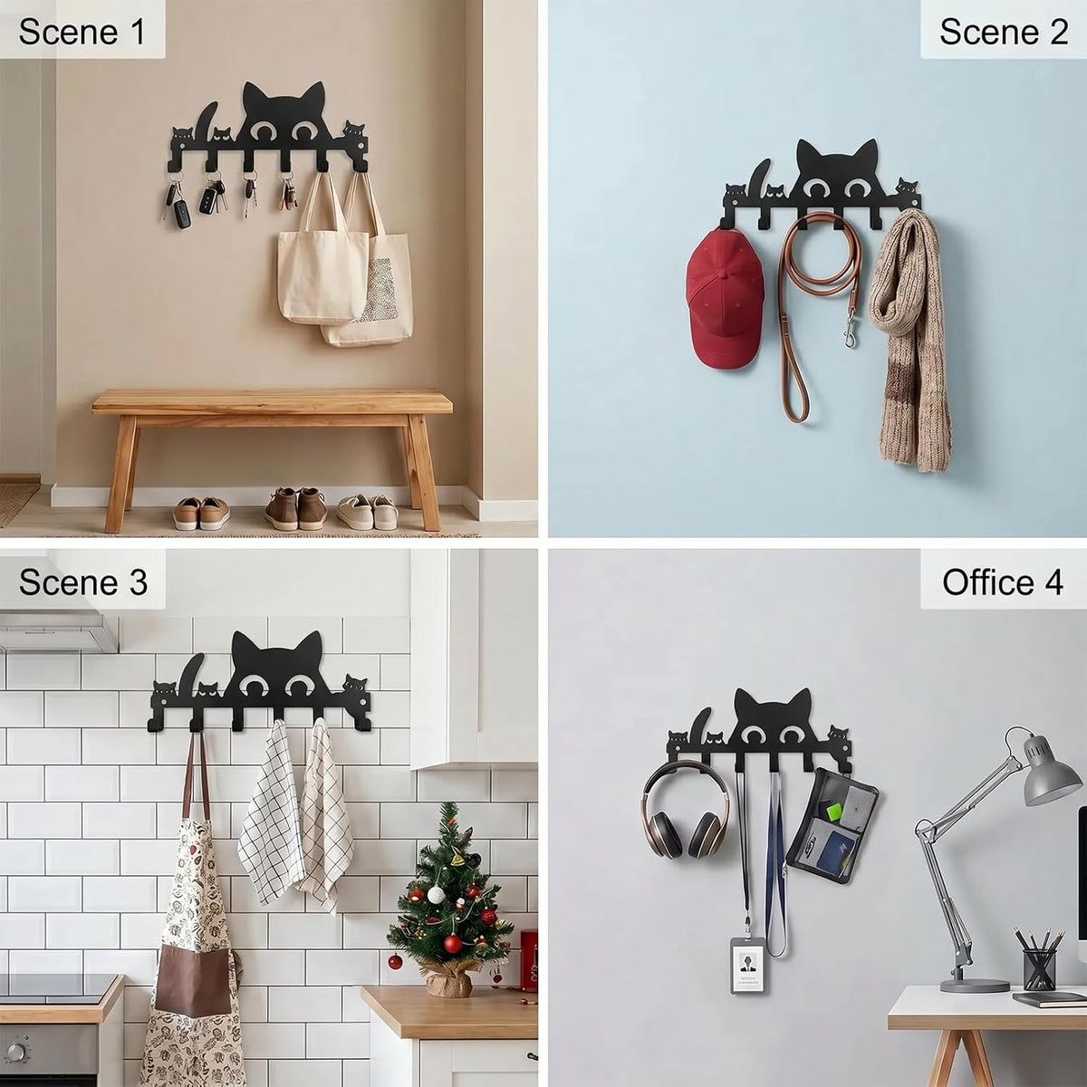 Cat Key Holder for Wall, 4-Cat Key Hanger with 8 Hooks