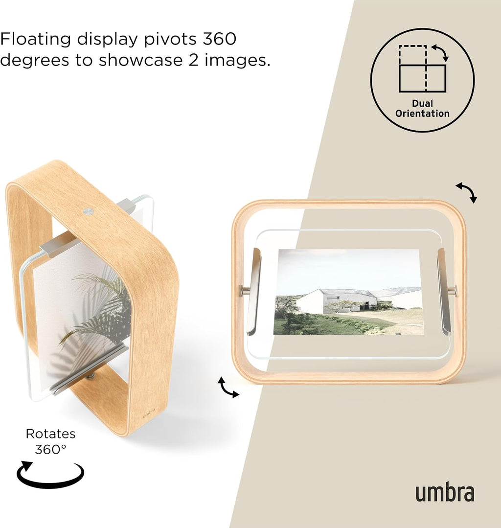Umbra Bellwood 5x7" Desk Picture Frame with Bent Wood Trim and Two-Sided Rotating Display, Natural