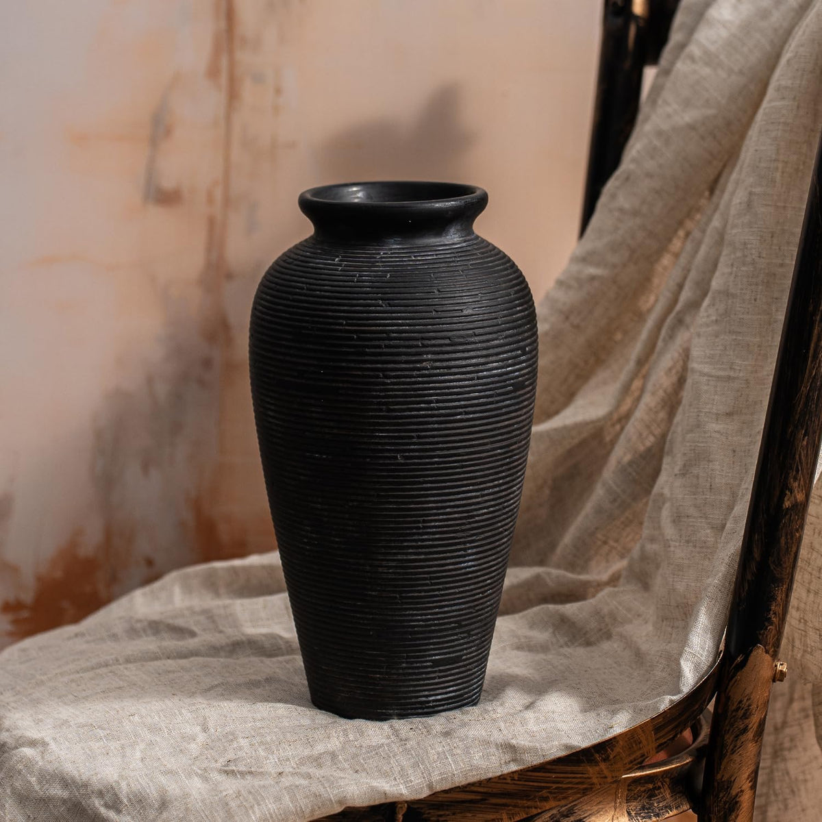 11.02 Inch Tall Vintage White Ceramic Flower Vase, Rustic Farmhouse Beige Stone Texture Vase for Home Decor, Decorative Terracotta Vase for Table Centerpiece Living Room Bathroom (Black-11.02'')