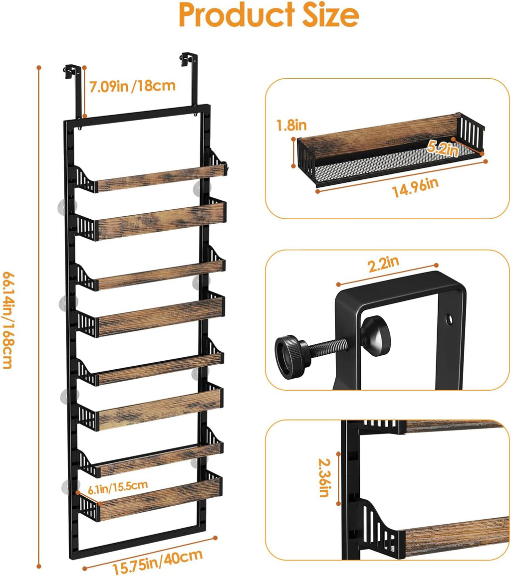 8 Tier Over The Door Pantry Organizer, Adjustable Basket, Brown