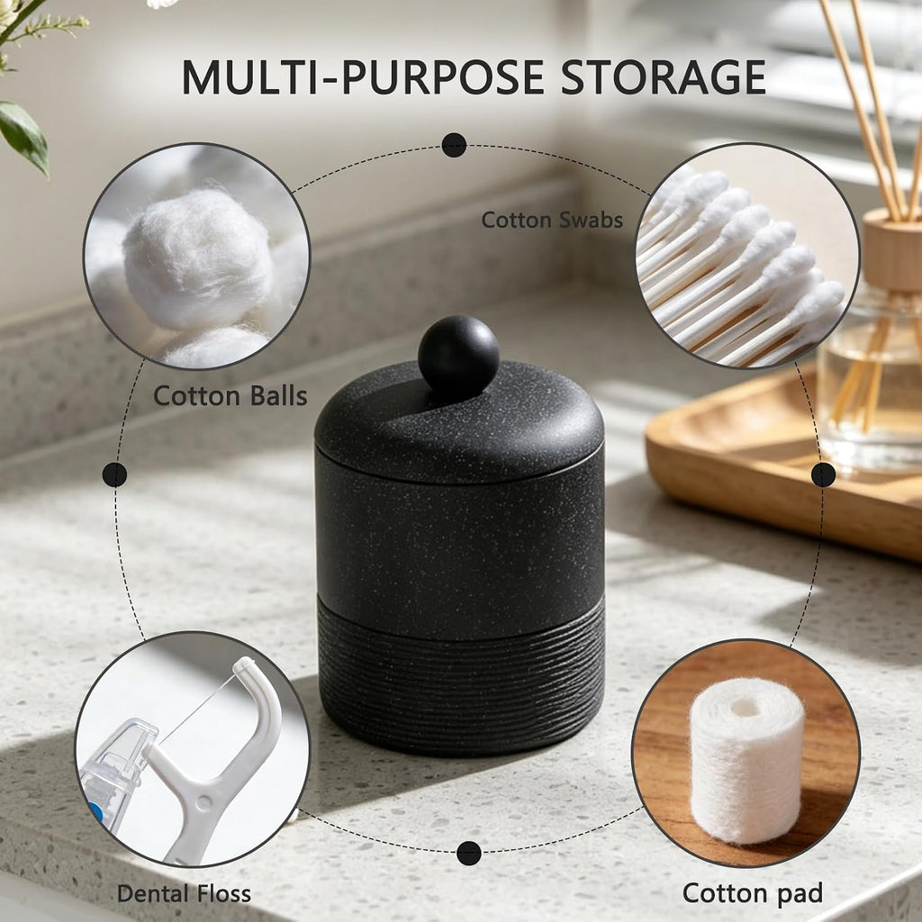 Lidded Qtip Holder, Durable Resin Qtip Container, Bathroom Cotton Swab Container Suitable for Cotton Swabs, Makeup Pads, Dental Floss Picks, Makeup Sponges, And Small Bathroom Accessories (Black)