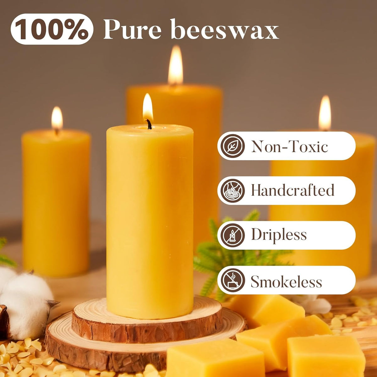 Crenovo 3 Pack Beeswax Pillar Candles,2x4 Inch 100% Pure Organic Natural