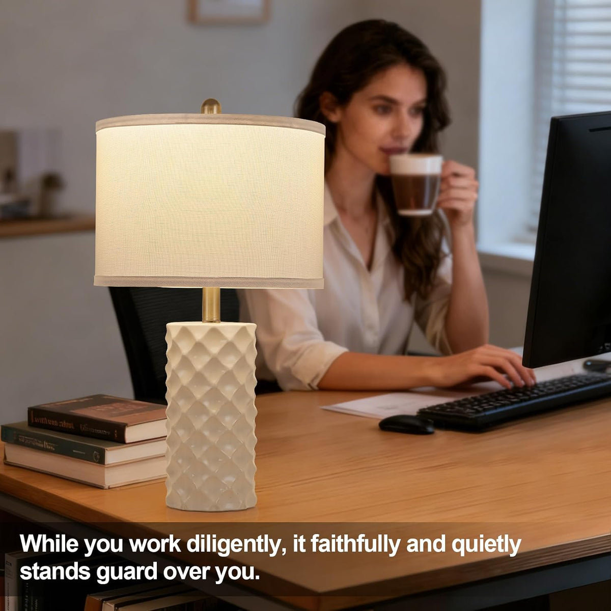 Star Diamond Ceramic Table Lamps Set of 2 - Beige Nightstand Lamps 23"