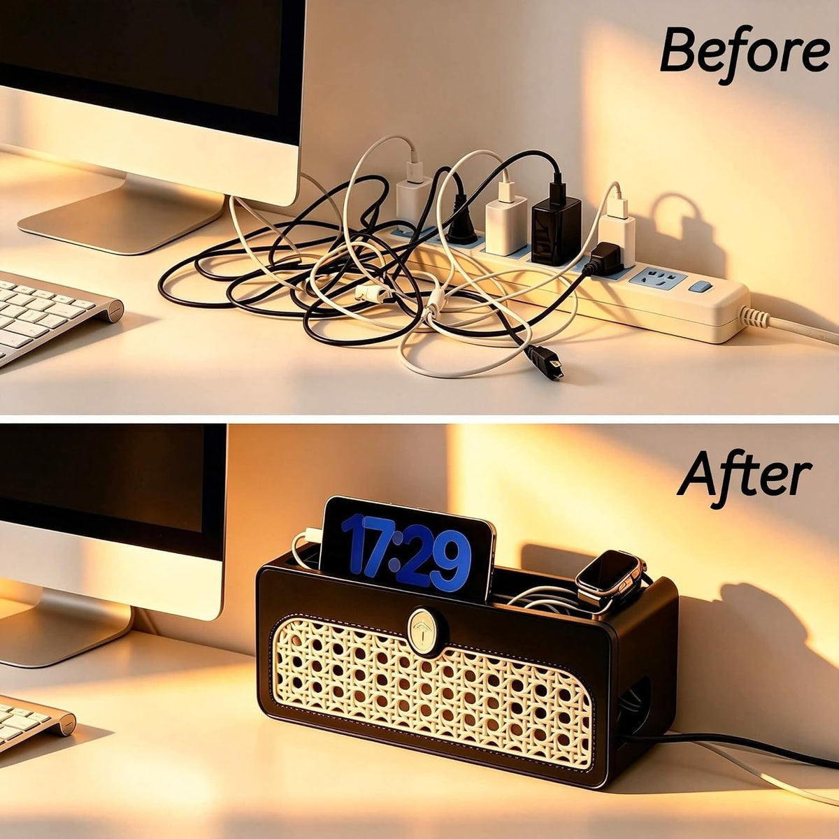 Faux Rattan Cable Management Box, Decorative Power Strip Cover