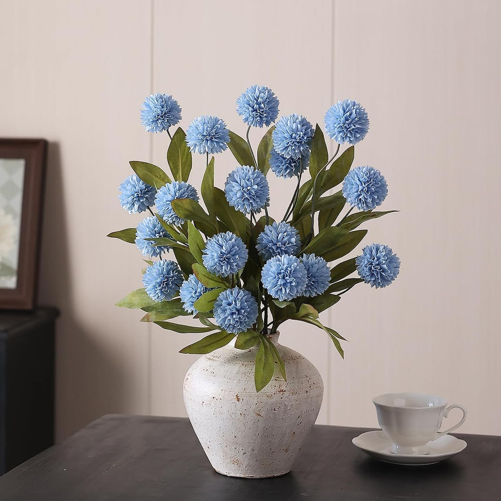 6 Pcs 27"Artificial Pompon Mum Silk Flower Stems for Vase (Dusty Blue)