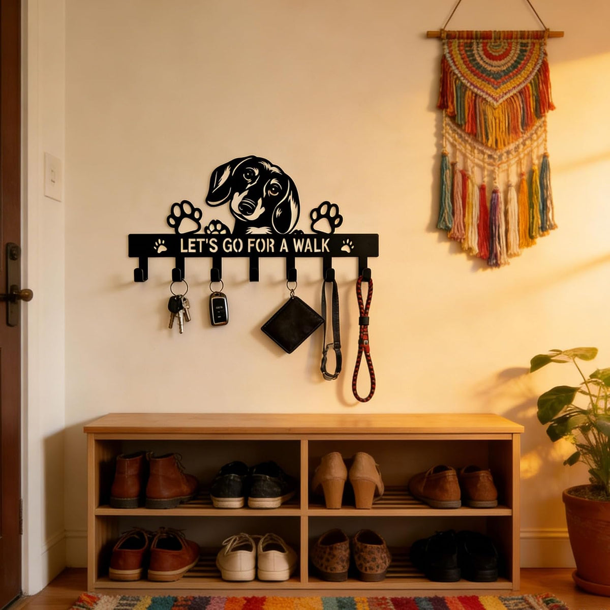 Cute Small Black Metal Dachshund Key & Dog Leash Holder for Wall