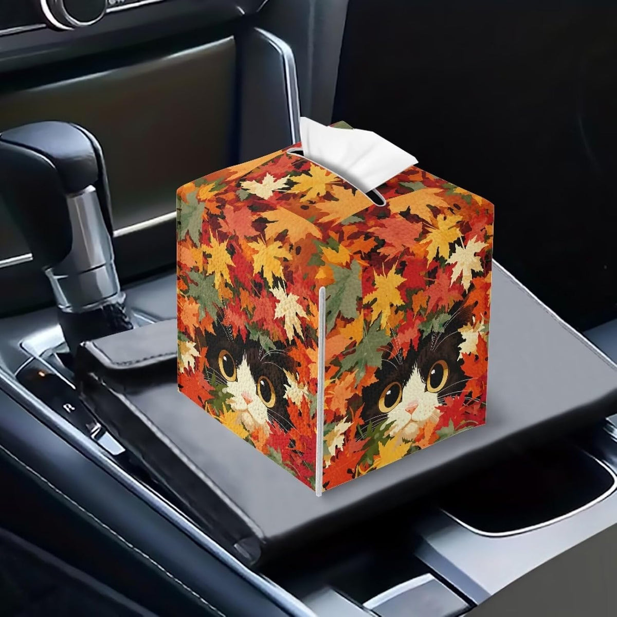 Cat Maple Tissue Box Cover Square PU Leather Desk Tissue Holder