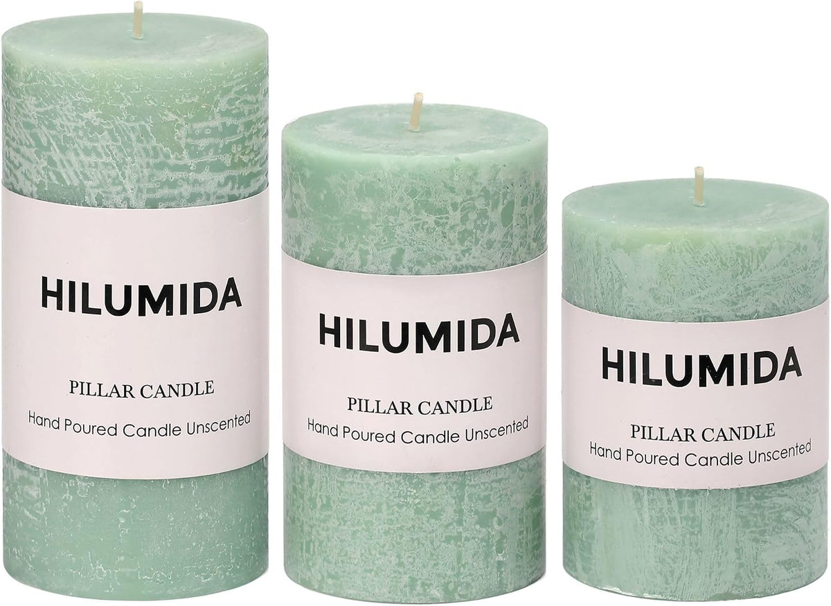 Sage Green Pillar Candles Set of 3 - Hand-Poured Unscented Candles,Smokeless Dripless Candles for Dinner Table and Home, Set of 3 in Different Sizes (3"x4", 3"x5", 3"x6")