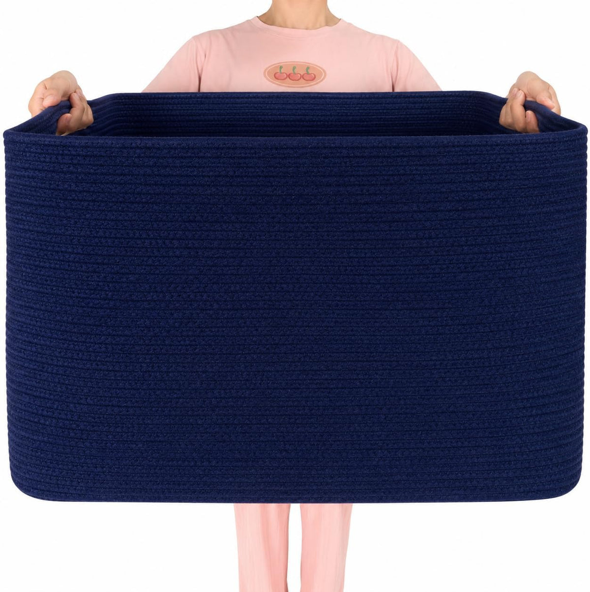 MINTWOOD Design 112L Extra Large Blanket Basket Holder Living Room, 25"x17"x16" Rectangle Rope Woven Storage Basket with Handles for Laundry, Towels, Shoes, Dog Toy Organizer Bin Box, Full Navy