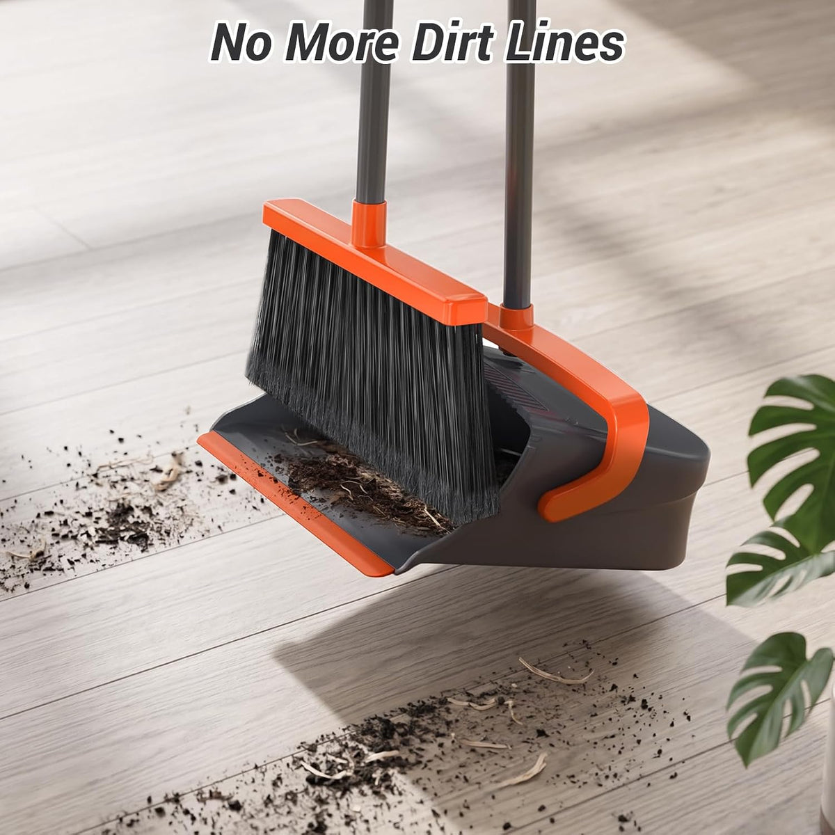 Broom with Dustpan Set for Pet Hair & Dust Cleanup, Orange & Gray