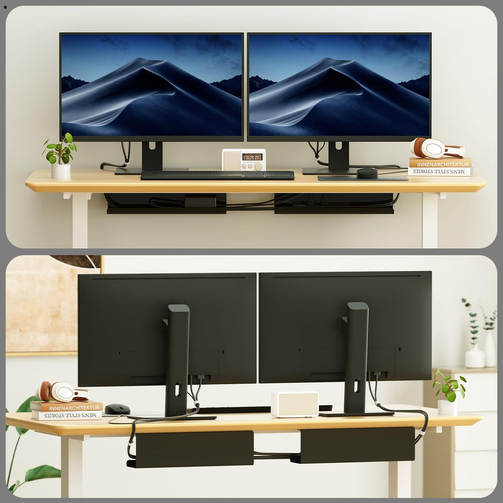 2 Pack No-Screw Cable Management Under Desk, Self-Adhesive Cord Organizer, Wire Management Tray for Office and Home (Black)