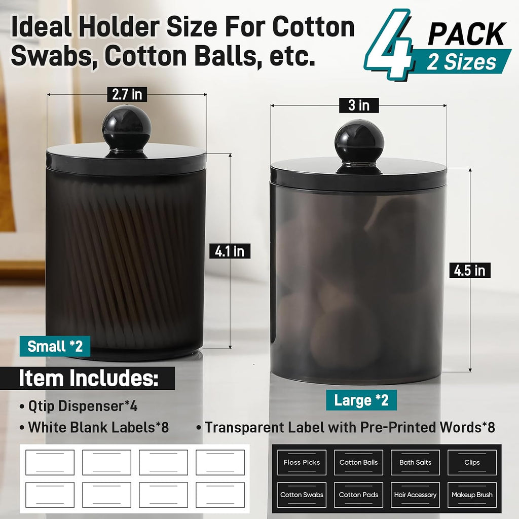 4 Pack Acrylic Qtip Holder Dispenser for Cotton Swabs, Balls, Floss Picks