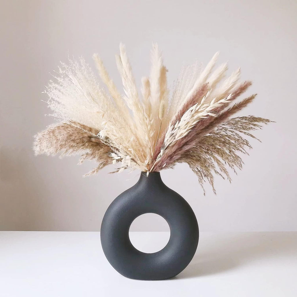 White Ceramic Vases for Pampas Grass,Water Drop Design Doughnut vase Modern Home Decor Minimalist Nordic Boho Ins Style (Black Medium)