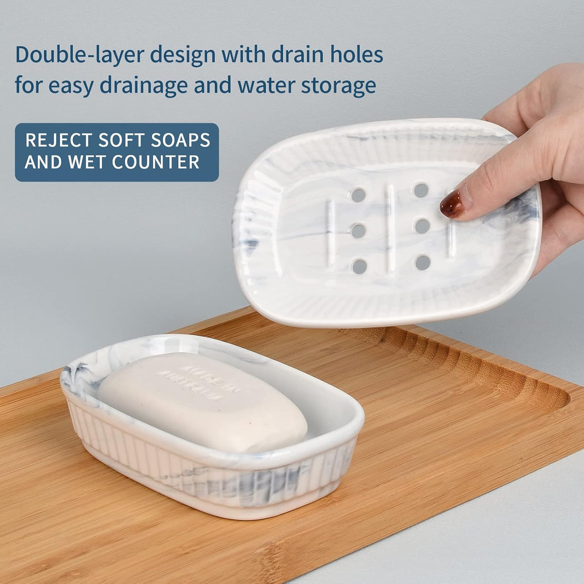 ANTIS'S HOME Marble Blue Double Layer Ceramic Self Draining Soap Dish Bathroom