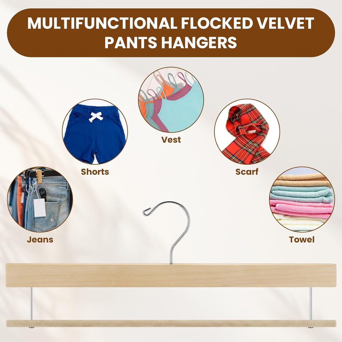 Chunful 10 Pack Wooden Velvet Pants Hangers,Beige