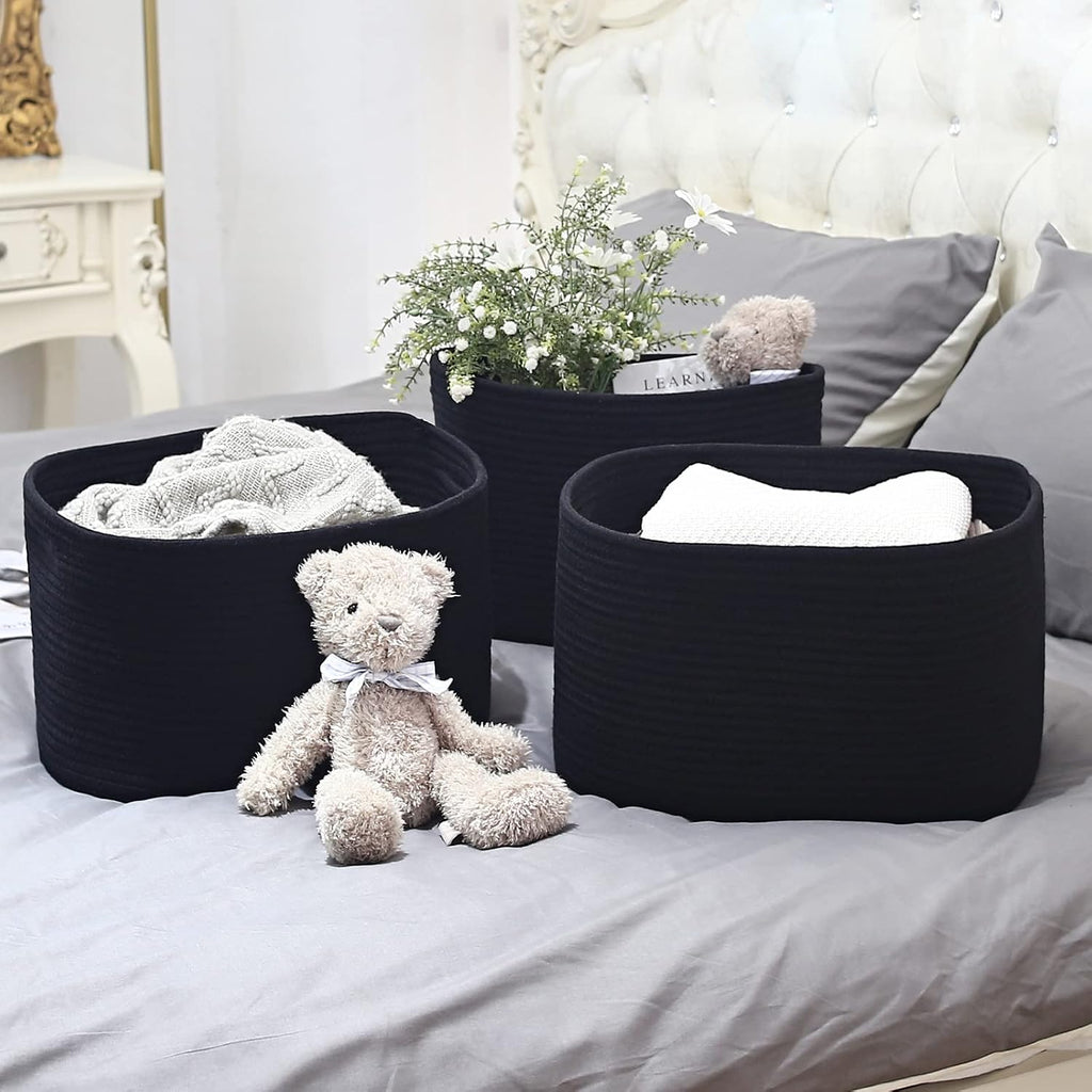 ECDYQXVU 15x10x9 Inch Woven Cotton Rope Storage Basket, Black, 3 Pack