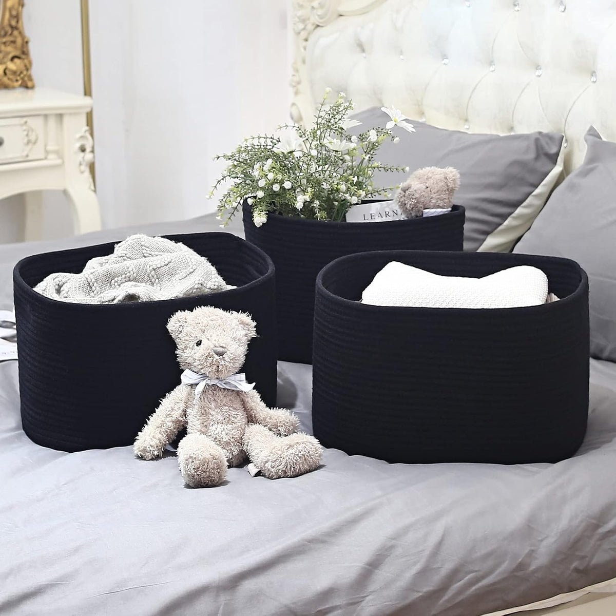 ECDYQXVU 15x10x9 Inch Woven Cotton Rope Storage Basket, Black, 3 Pack