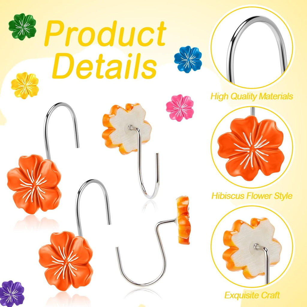Yungyan 12 Pcs Summer Hawaiian Hibiscus Flower Shower Curtain Hooks Plumeria Flower Shower Hangers Luau Hawaii Curtain Hooks Tropical Decorative Ring for Summer Wedding Bedroom Bathroom Restroom Decor